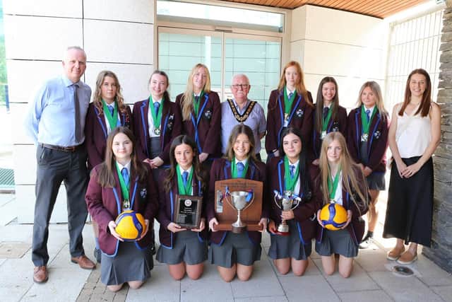 Mayor of Causeway Coast and Glens, Councillor Oliver McMullan pictured with the Dalriada School Girls’ U16 Volleyball Team, at a reception held in Cloonavin to celebrate their sporting success. CREDIT CCGBC