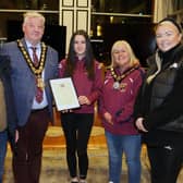 Mayor of Causeway Coast and Glens, Councillor Steven Callaghan and Deputy Mayor of Causeway Coast and Glens, Councillor Margaret-Anne McKillop alongside Councillor Oliver McMullan, Councillor Maighread Watson and team captain Eva McNeill. Credit Causeway Coast and Glens Council