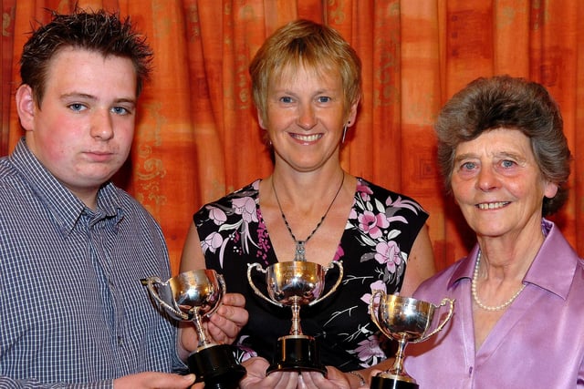 Woods Bowling Club Three's winners Stephen Watterson, Rae Patterson and Elsie Clarke pictured at the club's presentation dinner held in the Royal Hotel in 2007.