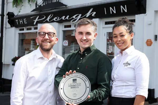 Plough Inn Hillsborough voted Best Bar in Northern Ireland…Pictured with the LCN plaque for Best Bar in Northern Ireland are (from left) Keith Johnston (Manager, Plough Inn), Sean Paul Hayes (Assistant Manager, Plough Inn) and Jess Njoroge (Café Manager, Plough Inn).