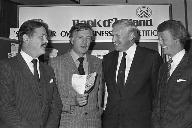 Pictured in September 1982 at the launching of the Bank of Ireland ‘Start Your Own Business Competition’ with a total prize fund of £30,000 are, from left, Mr N T Jones, assistant general manager, professor George Pogue, school of accounting and finance, Ulster Polytechnic, Sir Desmond Lorimer, chairman, Industrial Development Board, and Mr David Peel, business sector officer, Northern Ireland