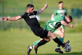 Ronan Byrne (left) scored one of Newry Celtic's seven goals at Jennings Park on Saturday. Pic: Brendan Monaghan