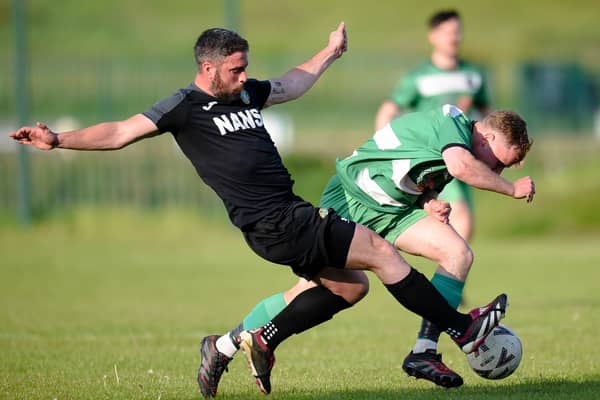Ronan Byrne (left) scored one of Newry Celtic's seven goals at Jennings Park on Saturday. Pic: Brendan Monaghan