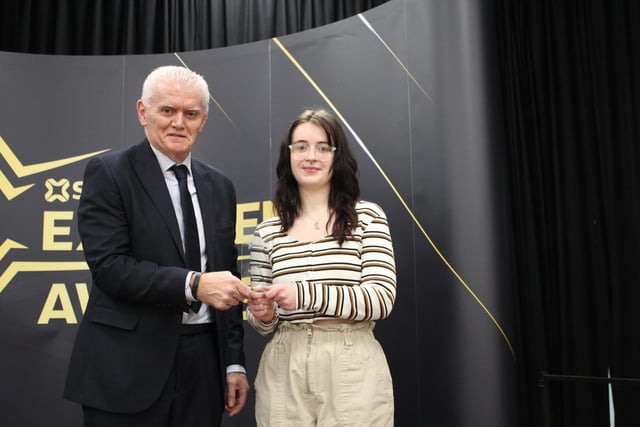 Samantha Brown, FE Student of the Year for School of Performing & Creative Arts received her award from Kieran Adams, Managing Director – Social Housing, Greenview