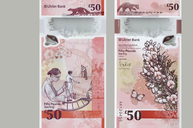 The design of the £50 note heavily features women working in Northern Ireland's life sciences industry. It also portrays ‘Millies’ working at the loom, as a homage to the unsung heroes of Northern Ireland's great linen industry. There are also nods to the ship building and aviation sectors, the creative industries, and Northern Ireland's place as a centre of excellence in cyber security. On the other side of the note, there are a range of flora and fauna found in Northern Ireland including a pine martin, a cryptic wood butterfly, and gorse, whose thorny spines make it a corridor and safe haven for wildlife.