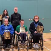 Chris Stewart (front, second left) pictured with Team Ireland teammates Kerrie Mccarthy, Les Dewart (coach) Michael Smith, Dean Mccarthy and Melainie Griffith at the UK Para-badminton Championships 2023. (Pic:Jim Inness, Badminton Scotland).
