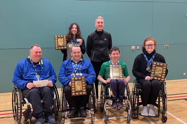 Chris Stewart (front, second left) pictured with Team Ireland teammates Kerrie Mccarthy, Les Dewart (coach) Michael Smith, Dean Mccarthy and Melainie Griffith at the UK Para-badminton Championships 2023. (Pic:Jim Inness, Badminton Scotland).