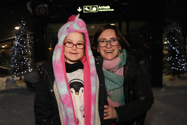 Mairead Moore with mum Evonne, from Coleraine, arrive in Lapland