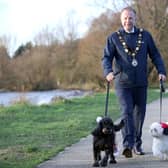 Mayor of Antrim and Newtownabbey Borough Council, Ald Stephen Ross with dogs, Archie and Oscar.