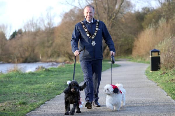 Mayor of Antrim and Newtownabbey Borough Council, Ald Stephen Ross with dogs, Archie and Oscar.