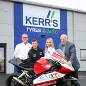 NW200 race boss Mervyn Whyte is joined by Richard Livingston and Deborah Maxwell, of Kerr’s Tyres & Auto and NW200 racer, Christian Elkin, to announce the new three year partnership deal.   Credit Pacemaker Press