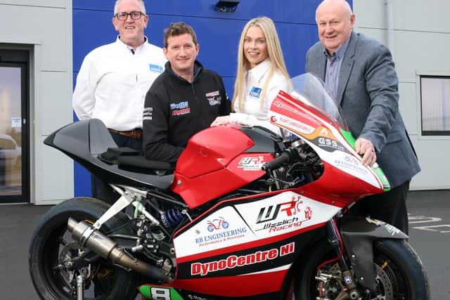NW200 race boss Mervyn Whyte is joined by Richard Livingston and Deborah Maxwell, of Kerr’s Tyres & Auto and NW200 racer, Christian Elkin, to announce the new three year partnership deal.   Credit Pacemaker Press