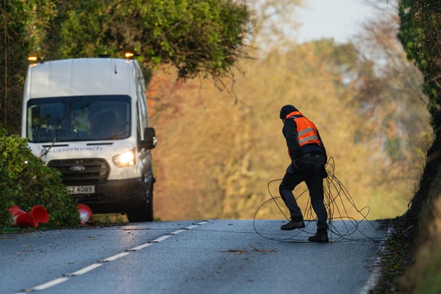A worker clears fallen cables after a tree was cleared on the main Enniskillen to Bellanaleck Road, Co Fermanagh.