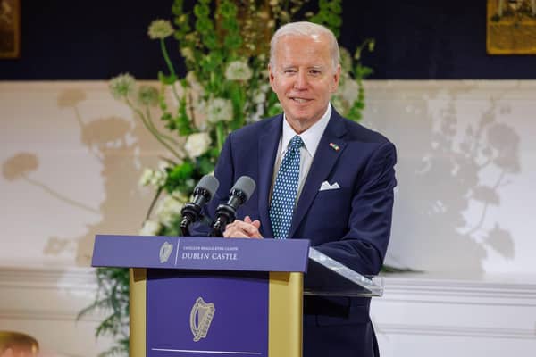 US President Joe Biden speaking at an official banquet dinner at Dublin Castle on April 13, 2023. The President travelled to Northern Ireland and Ireland to explore his family's Irish heritage and mark the 25th anniversary of the Good Friday Agreement.  Picture:Julien Behal / Irish Government via Getty Images.