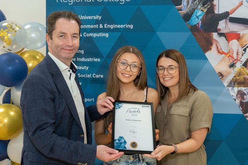 Charlotte Hook, winner of the Kindness in College Award, pictured with Amanda Houston and Mel Higgins, College Principal & Chief Executive.