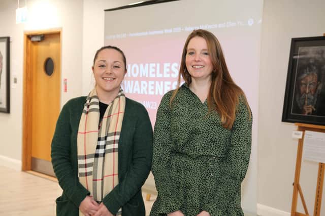 Ellen Young (left), from Belfast Central Mission, and Rebecca McKenzie, a housing advisor with the Housing Executive, featured in a video about their work which was screened at a meeting at Millennium Court focusing on homelessness.