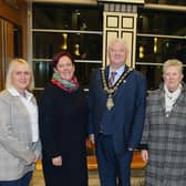Helen Robinson and Jennifer Robinson from Downhill Community Association  pictured with Cllr Steven Callaghan, Mayor of Causeway Coast and Glens Borough, Alderman Michelle Knight-McQuillan and  Cllr Dawn Huggins at a reception for Bann DEA community representatives.