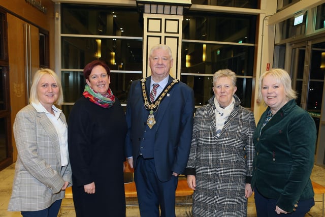 Helen Robinson and Jennifer Robinson from Downhill Community Association  pictured with Cllr Steven Callaghan, Mayor of Causeway Coast and Glens Borough, Alderman Michelle Knight-McQuillan and  Cllr Dawn Huggins at a reception for Bann DEA community representatives.
