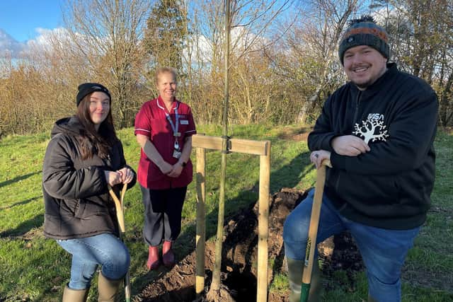 Jessica Clarke, Jacqueline Dorrian (Bereavement Support Midwife) and Jamie Clarke. Pic credit: SEHSCT