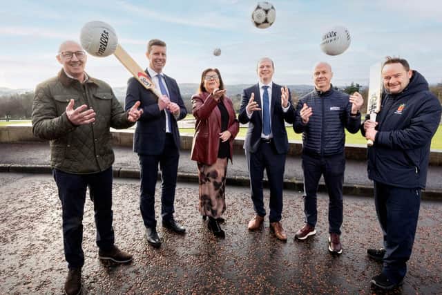 John Donnelly (Education Authority), Richard Archibald (Sport NI Interim Chief Executive), Shauna Lennon (Lismore College) Gordon Lyons MLA (Communities Minister), Peter Canavan (Holy Trinity College) and Neil Hinds (Wallace High School) pictured following the Your School Your Club funding announcement. (Pic: Contributed).