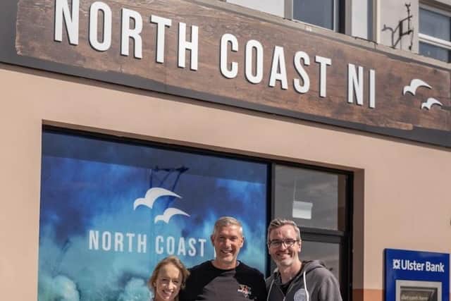 (From left to right) Founders Victoria and Russell Kelly are pictured along with their co-founder Paddy De Lasa at the site of new clothing store, North Coast NI, in Portrush. The store, which is officially opening its doors on 29th July, is bringing 12 new jobs to the local community.  Credit RS Comms