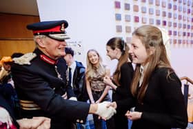 The Lord-Lieutenant of County Antrim., David McCorkell KStJ discusses the bursary scheme with participant Kateryna