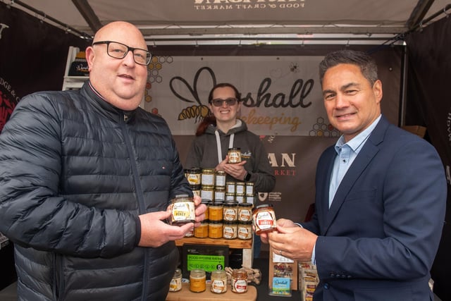 Pictured at the Artisan Food & Craft Market are Councillor Peter Haire, left, Christine Marshall of Marshall Beekeeping and ABC Council director of Development, Community and Wellbeing, Paul Tamati. LM17-210.