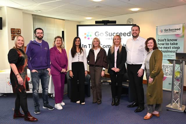 the launch of the Go Succeed In The Community programme . From left, Vivian McKinnon from Hydroease, Go Succeed mentee Jonny Clarke of Inkspirational Branding, Melanie Coey of M Squared Accountancy, Sarah M Hoppé, Founder & School Director at Sew Ready, Alderman Amanda Grehan, Carla Frazer, Director of Employability and Partnerships at Stepping Stones, Go Succeed In The Community roadshow keynote speaker Philip Davidson, owner of The Hills at Castlereagh Golf Club and Ruth Young of Ruthless Media.