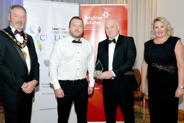 Winner of the Best Community or Social Initiative Award at the 2021 awards was Access Employment Ltd. The award was accepted by David Hunter, second from right. Also included are from left, Mayor of Mid and East Antrim  Council, Councillor William McCaughey, John Boyce from category sponsor, RES Group, and Andrena Oprey, JPI Media advertising manager. INLT37-226.