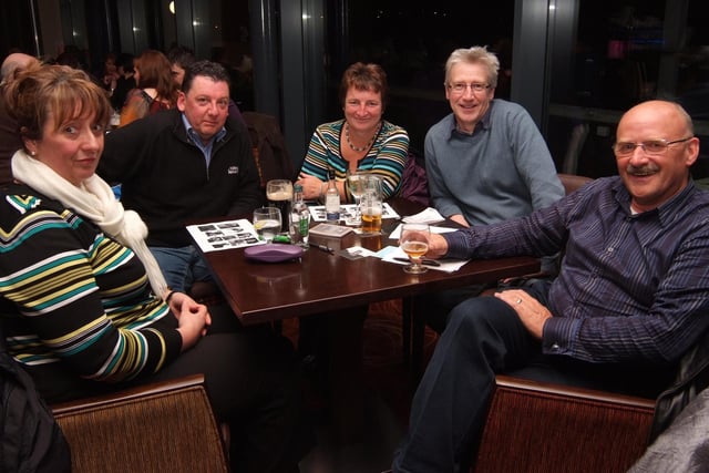 The Frost Bites, Pamela Dunne, Patrick Laheen, Jill McIlmoyle, John Logan and Wilbert McIlmoyle get ready for a good evening's craic at the Bushmills Distillery table quiz in aid of the RNLI Lifeboat at Portstewart Golf Club in 2010