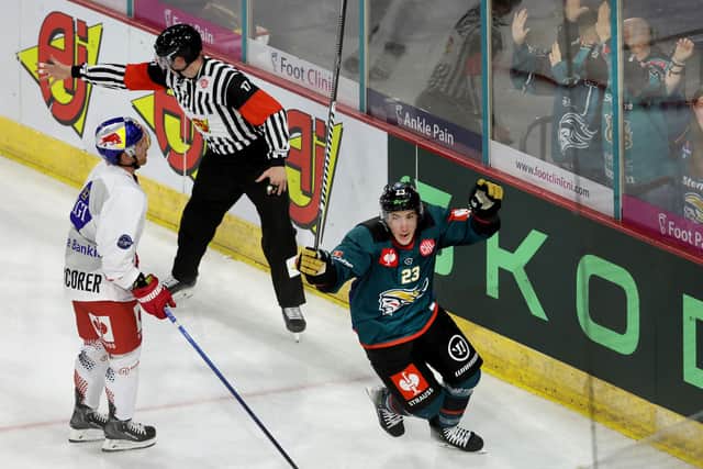 Belfast Giants’ Daniel Tedesco celebrates scoring the winning overtime goal against Red Bull Salzburg during Tuesday’s CHL game at The SSE Arena, Belfast.   Photo by William Cherry/Presseye
