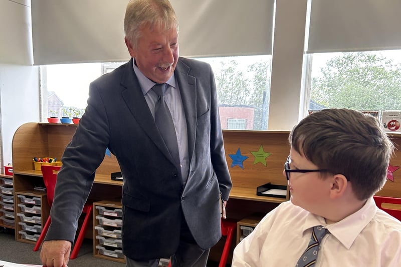 East Antrim MP Sammy Wilson enjoying the visit to Carrickfergus Academy.