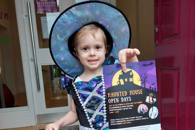 Three-year-old Felicity is looking forward to the Halloween fun taking place at Flowerfield Arts Centre in Portstewart and Roe Valley Arts and Cultural Centre in Limavady this October.