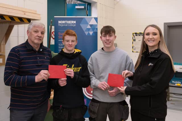  Carpentry judge and Rachel McKeeman of CITB  with carpentry third place Jamie McMullan and winner Ryan Bowman.
