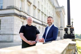 Graham Hanna, director of Specsavers Home Visits Belfast with Robbie Butler MLA at Stormont. Specsavers Home Visits businesses in Northern Ireland have backed Mr Butler’s call for Northern Ireland to have its own Loneliness Strategy in line with other UK regions. Pic credit: Darren Kidd