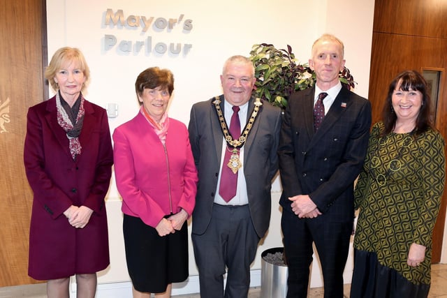 Heather Pratt MBE, Ann Heaslett MBE, Peter Jack MBE from Limavady, and Peter’s wife Sharon pictured with the Mayor of Causeway Coast and Glens Borough Council, Councillor Ivor Wallace.