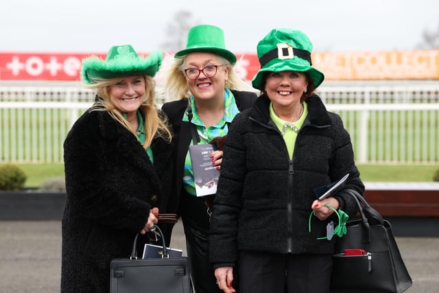 Audrey McDowell, Eleanor Mills and Margaret McAllister got into the spirit of the day at Down Royal.