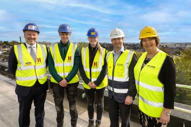 Northern Regional College Principal & Chief Executive Mel Higgins is pictured at a recent Coleraine site visit with (from L-R) Martin O’Kane, Vice Chairman at Heron Bros, Apprentice Jack Neill, Engineer Annie Crozier and Vice Principal of Teaching and Learning, Christine Brown.