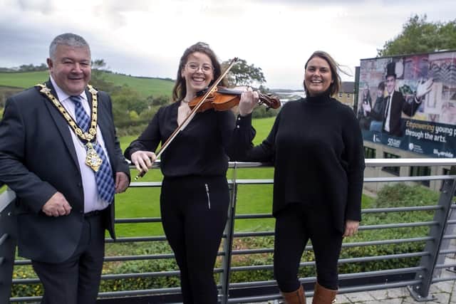 Mayor of Causeway Coast and Glens, Cllr Ivor Wallace, Iona Allan: Ulster Orchestra Violinist and Roseanne Sturgeon of the Riverside Theatre