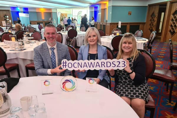Gary Ritchie, Head of Curriculum Development, Heather McKee, Director of Strategic Planning, Quality and Support, Lizzie Buick, Deputy Head of Enterprise and Entrepreneurship at the OCN Awards. Pic credit: SERC