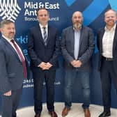 Robin Swann MLA, Cllr Andrew Wilson, Gary McCabe, and John Stewart MLA at Mid and East Antrim Council headquarters as the two UUP Knockagh candidates handed in their nominations.