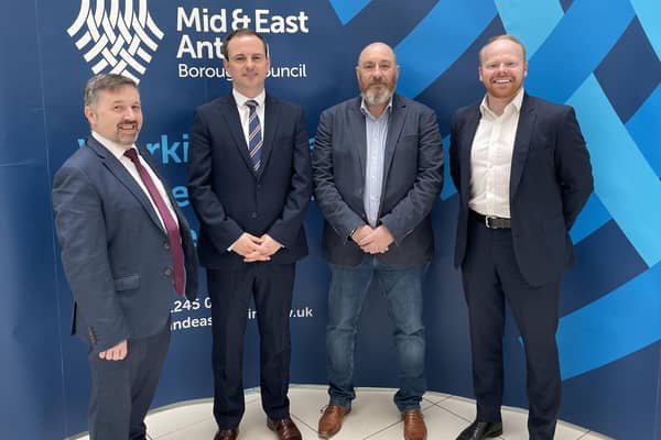 Robin Swann MLA, Cllr Andrew Wilson, Gary McCabe, and John Stewart MLA at Mid and East Antrim Council headquarters as the two UUP Knockagh candidates handed in their nominations.