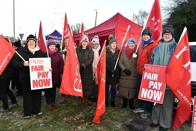 Striking staff on picket duty at Craigavon Area Hospital on Thursday morning. PT03-241.