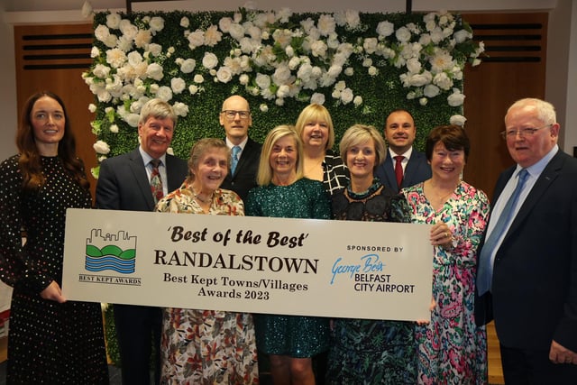 Randalstown was chosen as ‘Best of the Best’ at the NIAC. Pictured are Anna McKelvey, Head of Marketing at George Best Belfast City Airport, Best Kept Patron Joe Mahon, Doreen Muskett MBE, Chairman of the Northern Ireland Amenity Council and from Tidy Randalstown Committee, Robert Fulton, Helen Boyd, Alderman Linda Clarke, Jane McTaggart, Paul Mawhinney (Antrim and Newtownabbey Council) and Margaret McGill, with Alderman John Smyth from Antrim and Newtownabbey Council.