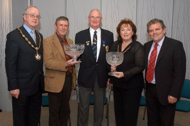 Billy Pierson receives the service to sport award from Mayor Kenneth Twyble, Robbie Clarke, CSAC chairman, Deputy Mayor Mary McAllinden and Adrian Logan at the Craigavon Sports Awards in 2007.