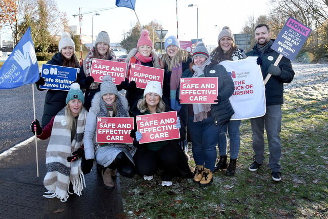 Staff from the Emergency Department at Craigavon Area Hospital pictured on the picket line on Thursday. PT50-205.
