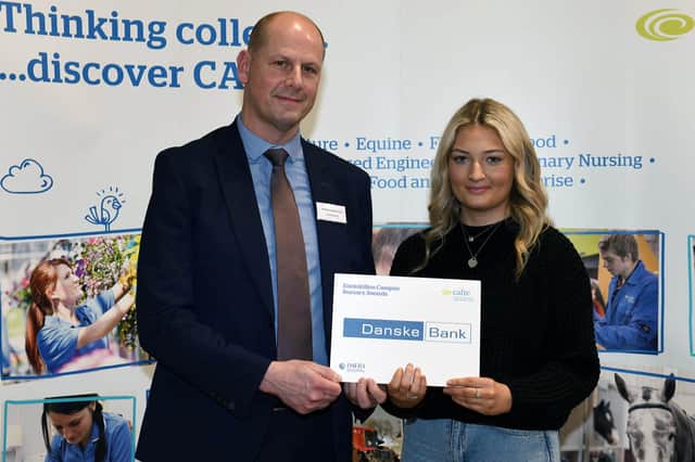 Grace Harrison, Newtownabbey, Co Antrim, received the Danske Bank Bursary presented by Matthew Johnston at the CAFRE Enniskillen Campus Industry Supporters event.