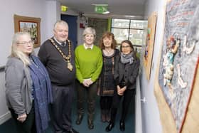 The Mayor of Causeway Coast and Glens Borough Council, Councillor Ivor Wallace joins members of the public who enjoyed Flowerfield's new free exhibition Mujeres Disruptivas / Disruptive Women on display until August 5