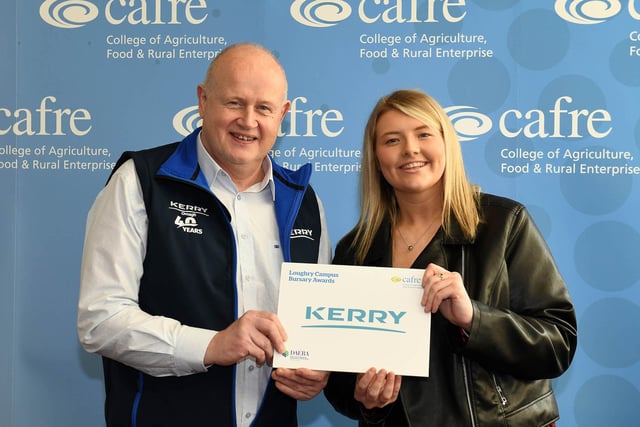 Grace Hunter, who is studying on the first year of the BSc (Hons) Degree in Food Innovation and Nutrition course at Loughry Campus was awarded with the Kerry Bursary. Grace, a student from Dungannon was presented with her award by Raymond Hemphill, Production Manager at Kerry Omagh.