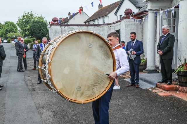 The sound of the Lambeg Drum greeted Brethren outside the Ballinderry War Memorial Hall. Pic by Norman Briggs, rnbphotographyni
